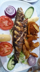 Sea bass, chips and salad